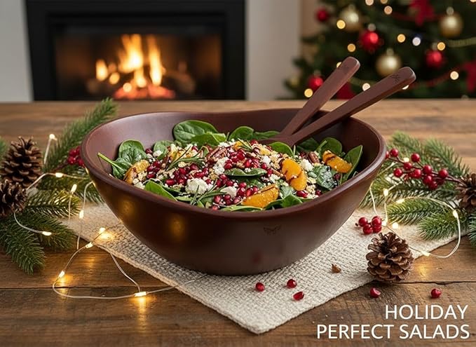 Melvvi Large Wooden Salad Bowl Set with 2 Serving Utensils | 12" Acacia Wood Royal Brown color Bowls for Food | Great Gift for Mothers Day (Royal Set of 3)