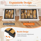 Lifewit Utensil Organizer for Kitchen Drawer, Expandable Cooking Utensil Tray, Cutlery Silverware Flatware Holder, Wood Adjustable Spatula Tools Storage Divider, 33 -56x38cm, Natural and Black