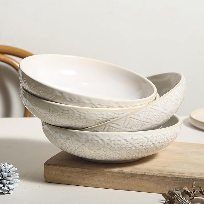22 Oz Pasta Bowls Set of 4 - Ceramic Soup Bowls, 8inch Large Serving Bowl, Porcelain Kitchen Embossed Dish for Salad, Fruit, Rice, Desserts, Housewarming Present, Dishwasher Safe