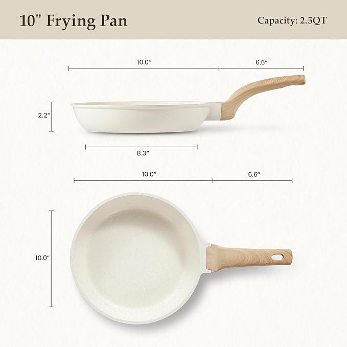 CAROTE Non Stick Frying Pan Skillet, Omelet Pan, Healthy Non Toxic Granite Chef Pan, Induction Compatible Egg Frying Pan with Heat-Resistant Handle, PFOA-Free,Cream White, 10"
