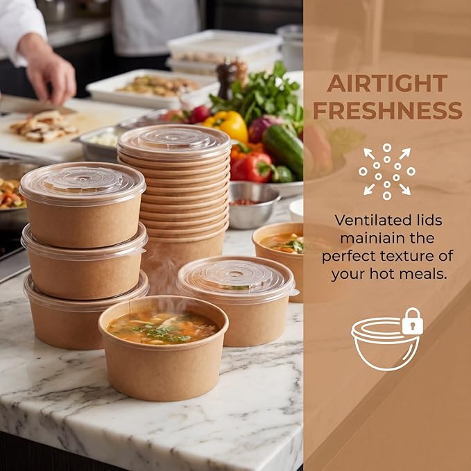 Lyellfe 50 Pack Kraft Paper Bowls with Lid, 25 Oz Disposable Soup Salad Serving Bowls, To Go Food Container for Party Dessert, Ice Cream, Yogurt, Microwave Freezer Safe