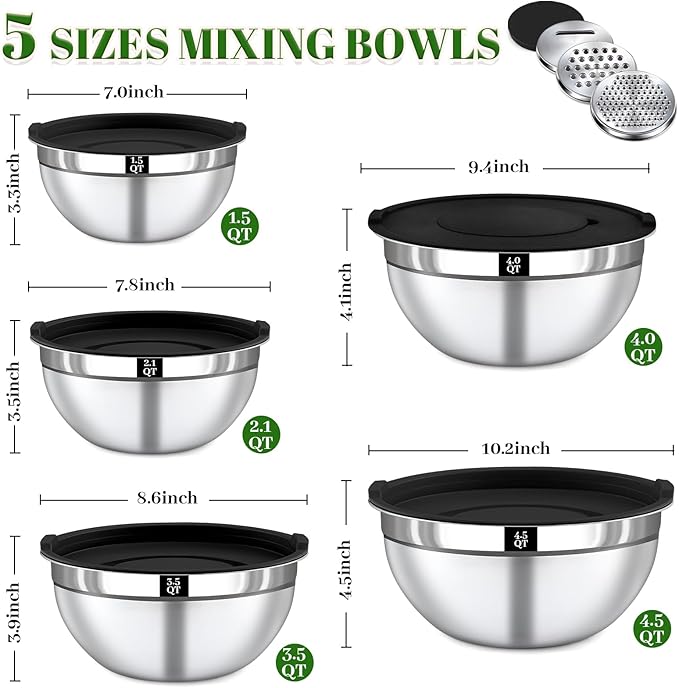 Mixing Bowls with Lids Set - 5 Nesting Mixing Bowls, 3 Grater Attachments, Airtight Lids, Stainless Steel Mixing Bowls for Mixing & Serving, Size 1.5/2.1/3.5/4/4.5 QT, Black