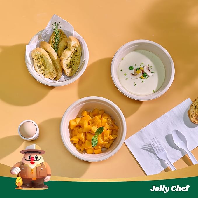 JOLLY CHEF Compostable Disposable Paper Bowls [16 oz] Heavy Duty Soup Uncoated Containers [150 Pack] Biodegradable Bagasse Hot Cold Eco-Friendly Natural Sugarcane Microwavable for Dessert Christmas