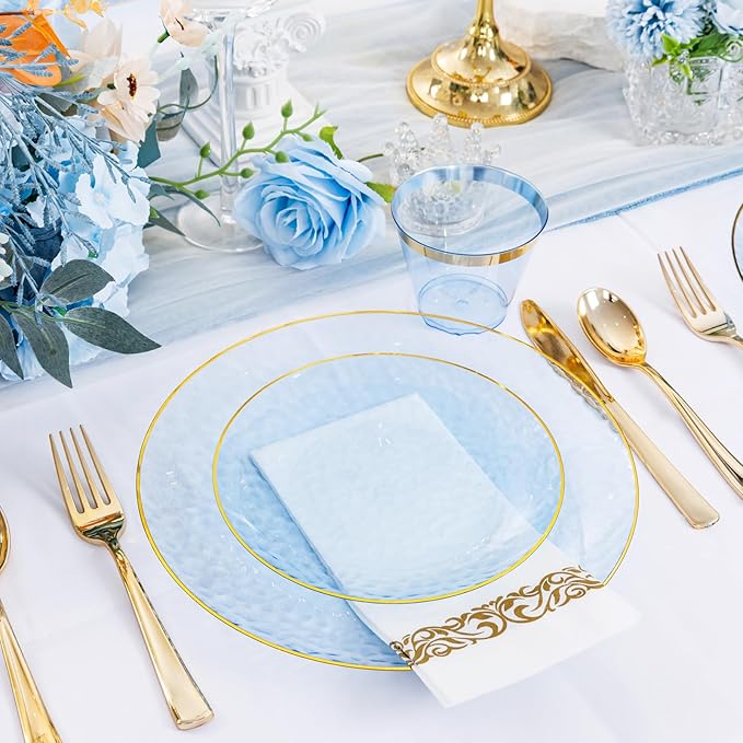 DaYammi 350PCS Clear Blue Gold Plastic Dinnerware Set for 50 Guests, Hammered Disposable Plates for Party, Include: 50 Dinner Plates, 50 Dessert Plates, 150 Gold Silverware, 50 Napkins, 50 Cups