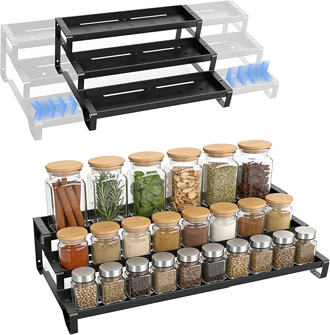 Expandable Spice Rack Organizer for Cabinet 3 Tiered Metal Seasoning Organization with Guardrails Spice Shelf Storage for Jars Adjustable Length 13"-21" Black 1Pack