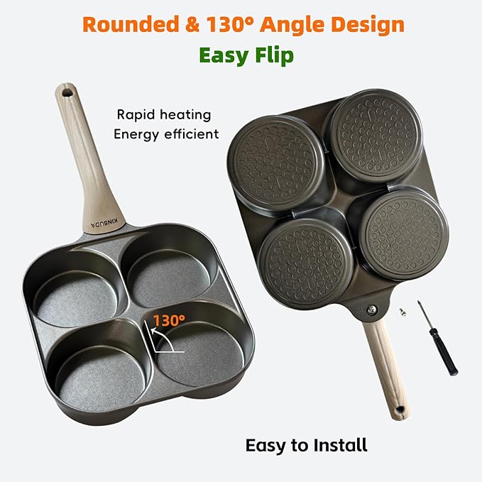 4-Cup 4-Hole Divided Titanium Nonstick Egg Pan, Induction Compatible 4-in-1 Breakfast Skillet for Pancakes, Burger Patties, Omelettes, PFOA-Free, Fast Heating, Dishwasher Safe