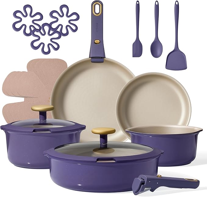 CAROTE 19Pcs Nonstick Pots and Pans Set, Nonstick Cookware Set with Detachable Handle, Induction Kitchen Cookware Sets Removable Handles, Dishwasher Safe, Oven Safe, Purple
