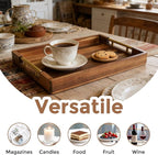 Acacia Wood Serving Tray with Golden Handles, 17 Inch Wooden Tray for Ottoman, Breakfast, Lunch, Dinner, Decorative Rectangular Tray for Living Room, Kitchen Counter, Outdoor