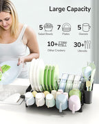 ULG Dish Drying Rack with Drainboard, Dish Rack for Kitchen Counter, Rustproof Dish Drainer with Detachable Utensil Holder, Adjustable Swivel Spout Dish Strainers, Black