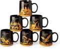 AmorArc 18oz Large Coffee Mugs Set of 6, Ceramic Coffee Mugs with Animal Wildlife Textured Patterns for Tea Latte Cocoa. Easy to Hold&Clean, Dishwasher&Microwave Safe, Matt Black