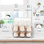 Egg Holder for Fridge, Automatically Rolling Egg Storage Container for Refrigerator,Large Capacity Egg Organizer for Fridge with Lid,Clear Plastic Dispenser, Tray & Bin -2 Layer