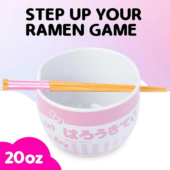 Silver Buffalo Sanrio Hello Kitty Pink Stripes Ceramic Ramen Bowl with Chopsticks, 20 Ounces