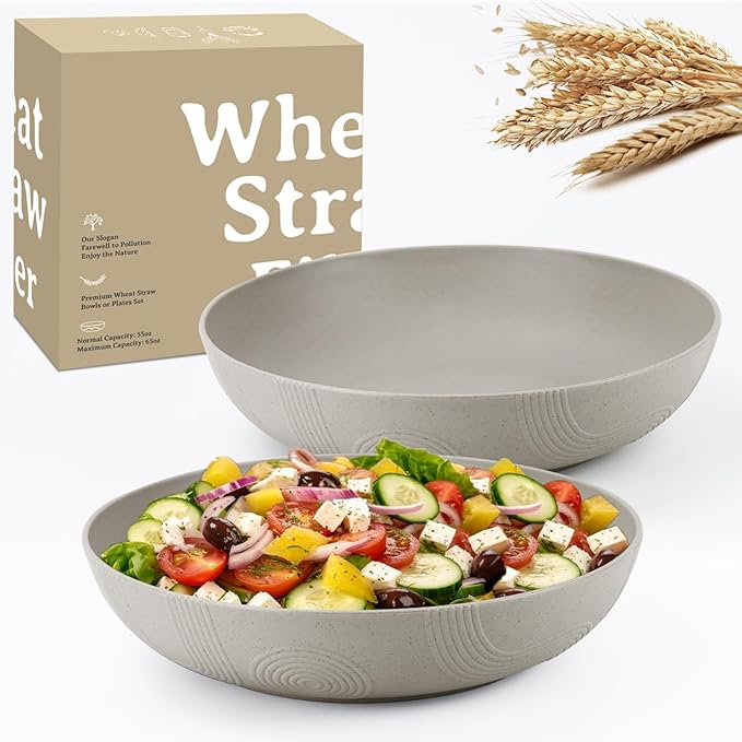 Wrova 2 Pack Salad Bowls,10inch 65oz Large Salad Bowl Set,Plastic Bowl for Kitchen,wheat straw bowls Set for Soup,Cereal,Ramen,Fruit,Salad,Dishwasher & Microwave Safe,Easy Clean.Gray