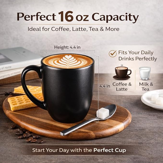 GBhome 16oz Coffee Mugs Set of 6, Large Ceramic Coffee Mugs for Man, Woman, Dad, Mom, Modern Coffee Mugs Set with handle for Tea/Latte/Cappuccino/Milk/Cocoa. Dishwasher&Microwave Safe,Matte Black