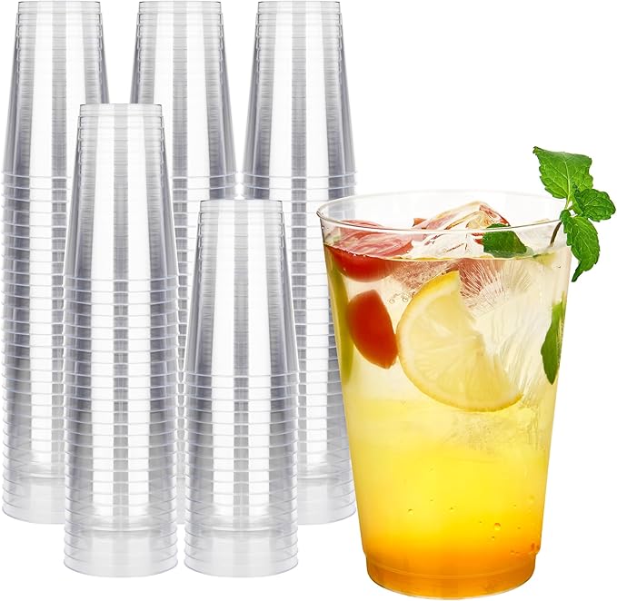 RACETOP 14oz Clear Plastic Cups, 200 Pack Disposable Party Cup, Heavy Duty Disposable Glasses, Disposable Cups for Party, Thanksgiving, Wine Taesting, Birthday and Christmas.