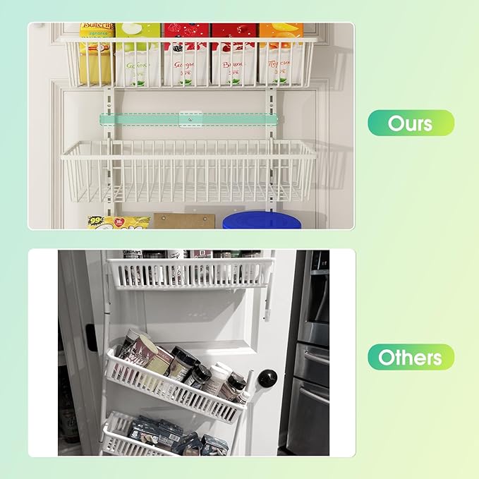 White 9-Tier Over The Door Pantry Organizer, Pantry Organization and Storage, Deep Baskets Hanging Heavy-Duty Metal, Wall Spice Rack Seasoning Shelves for Home & Kitchen, Laundry Room Bathroom