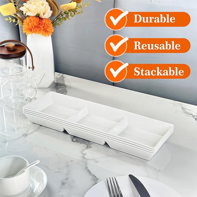 Divided Serving Tray Platter, 4 Pack 15" x 5" Fruit Veggie Food Tray for Party, Plastic Serving Trays for Appetizer, Snack, Dessert, Cookie, Brunch Decorations Platters, White Trays BPA-Free