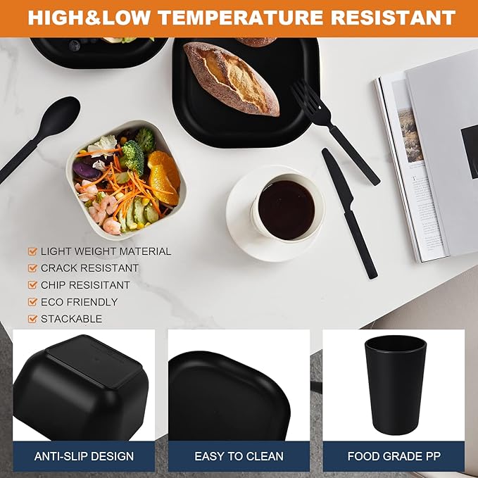 48-Piece Plastic Wheat Straw Square Dinnerware Sets Plates and Bowls Sets for 8 Lightweight Bowls Unbreakable Dish Set Dishwasher Microwave Safe Suitable for Camping Party Grill（Black）