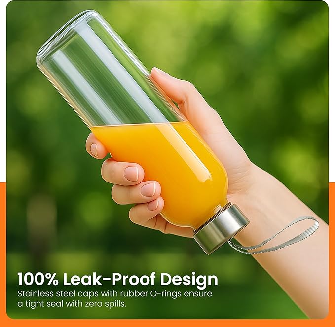 Epica glass bottles with lids – 18oz glass water bottles, reusable juice bottle with lids for storing juices, reusable water bottle durable set of 6 with Carrying Loop Caps