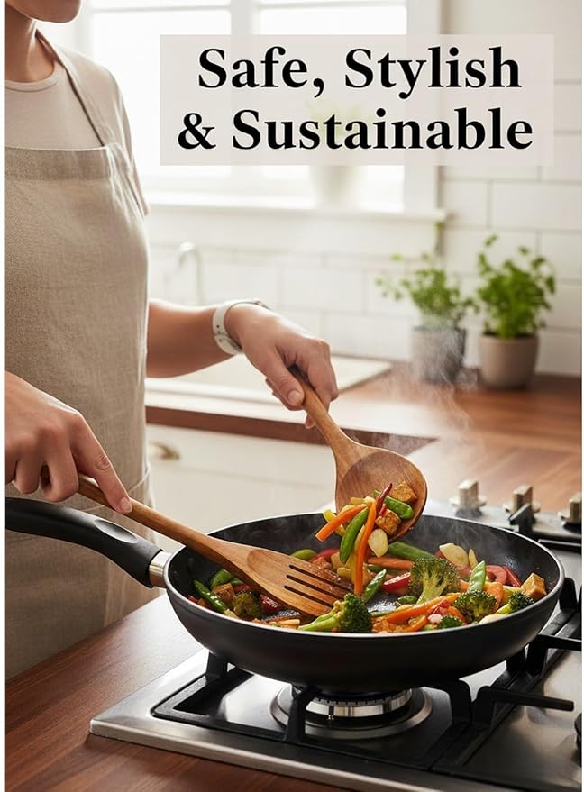 10-Piece Natural Teak Wood Utensil Set - Nonstick Cooking Spoons & Spatulas, Heat Resistant Kitchen Tools