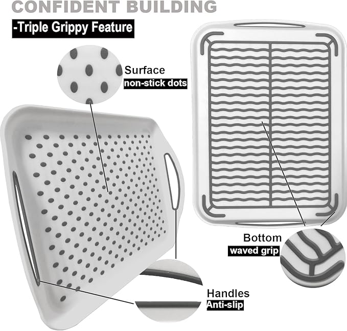 Large Non Slip Serving Tray with Handles, Silicone Gripping Nubs Lap Food Trays for Eating, Dishwasher Safe Serve for Dinner Snack Fruit Dessert Breakfast Beverage, Rectangular, Set of 2, White