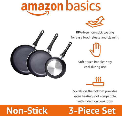 Amazon Basics Ceramic Non-Stick 3-Piece Frying Pan Set, 8 Inch, 10 Inch & 12 Inch, Black