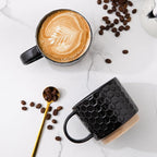 GBhome 15OZ Stackable Coffee Mugs, Ceramic Coffee Mugs with Texture Patterns for Man,Woman,Dad,Mom, Modern Coffee Cups Set of 4 for Latte/Cappuccino/Cocoa. Dishwasher&Microwave Safe，Black