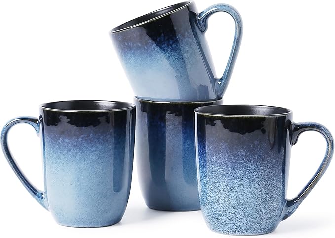 MONITO 14 OZ Coffee Mugs Set of 4, Large Ceramic Blue Coffee Mugs Set with handle for Tea/Latte/Milk/Cocoa, Funny Tea Cups for Office and Home, Engagement Gifts. (Ice-snow Blue)