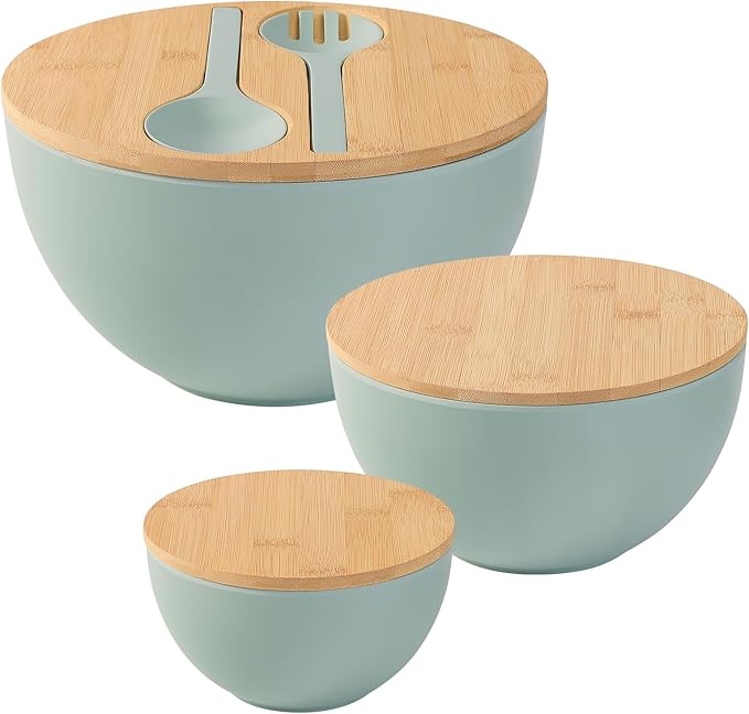 ECOWAY Salad Bowls Set of 3 with Lid & Serving Utensils, Bamboo Fiber Mixing Bowls Set Large Serving Bowls & Storage Set with Bamboo Lid for Salad, Kitchen Eating, Pasta, Popcorn, Chips, Fruit, Cyan