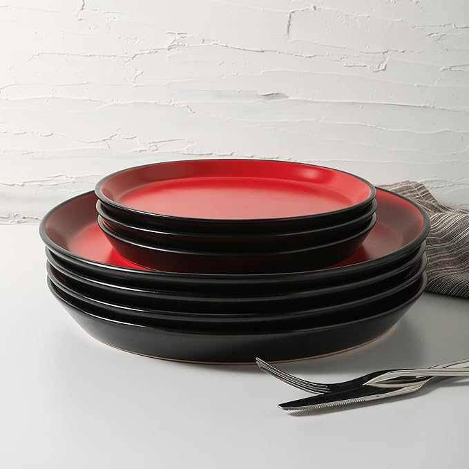 Stone Lain Albie Stoneware 32 Piece Modern Dinnerware Set, Plates and Bowls Sets, Service for 8, Red and Black, Microwave & Dishwasher Safe