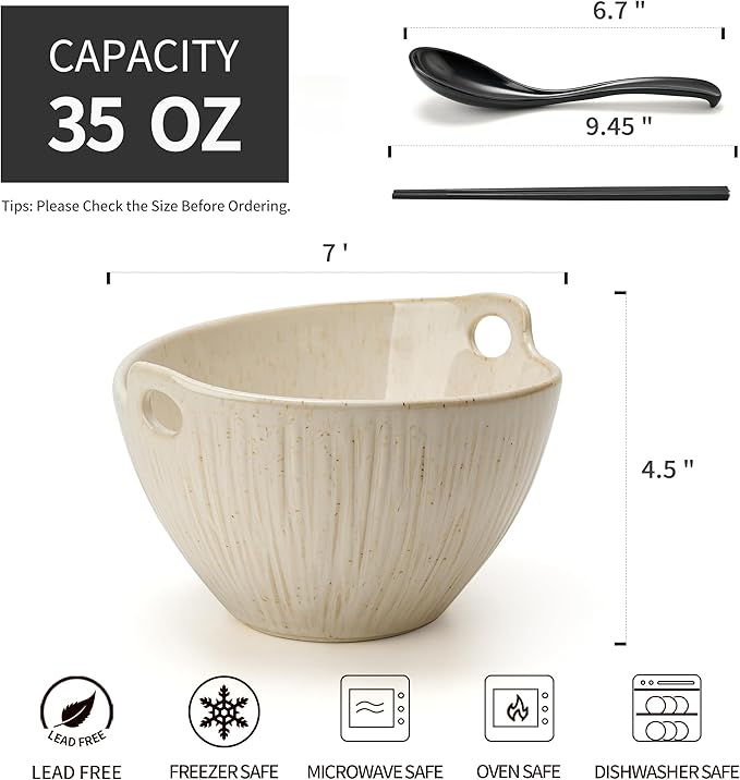 Ramen Bowl with Chopsticks and Spoons Set, 7 Inch Ceramic Noodle Bowl Set of 2, Dishwasher Safe for Pho Udon Soba Noodle Salad Pasta, Special Reactive Glazed White Bowls Set