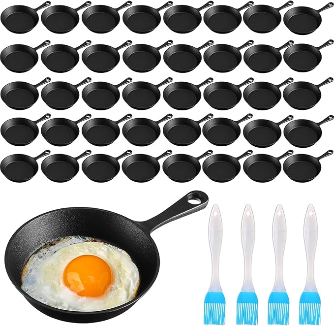 Remerry 40 Sets 4 Inches Cast Iron Skillets Mini Black Iron Nonstick Frying Pan Small Sizzling Plate Egg Pan Cast Pot Bundle with Oil Brush for Indoor and Outdoor Restaurant Kitchen
