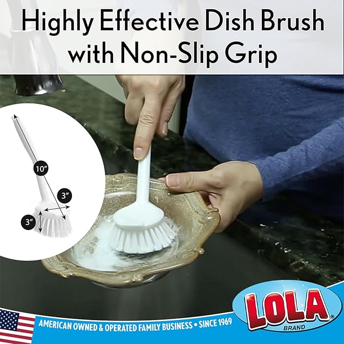 LOLA Dish Brush w/Scraper, 144 Pack, Durable Fiber Non-Scratch Bristles, Ergonomic Non-Slip Grip Handle, for Baked-on & Caked-on Messes
