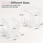 Delamu 2 Tier Snap-Lock Bathroom Under Sink Organizers and Storage, Multi-Purpose Cabinet Drawers with Movable Dividers, Pull Out Organization for Countertop, Kitchen and Pantry(Clear, 2 Pack)