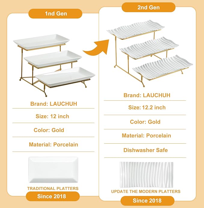 LAUCHUH 3 Tier Trays Stand, Porcelain Serving Trays Collapsible Sturdier Stand Serving Platters Dessert Table Display Set for Indoor Mother's Day Party, Entertaining, Gold, 12.2 Inch