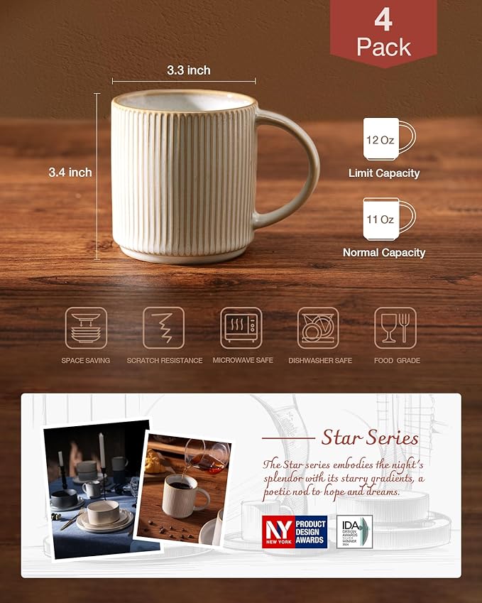 famiware Coffee Mug Set for 4, Star 12 oz Catering Mugs Cup Set with Handle for Coffee, Tea, Cocoa, Milk - Ceramic Stoneware Drinkware Set, Cappuccino White (Pack of 2)
