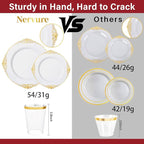 Nervure 350PCS Gold Plastic Dinnerware - White and Gold Disposable Plates for 50 Guests - 100 White Disposable Plates, 150 Plastic Silverware, 50 Cups, 50 Napkins for Wedding & Party