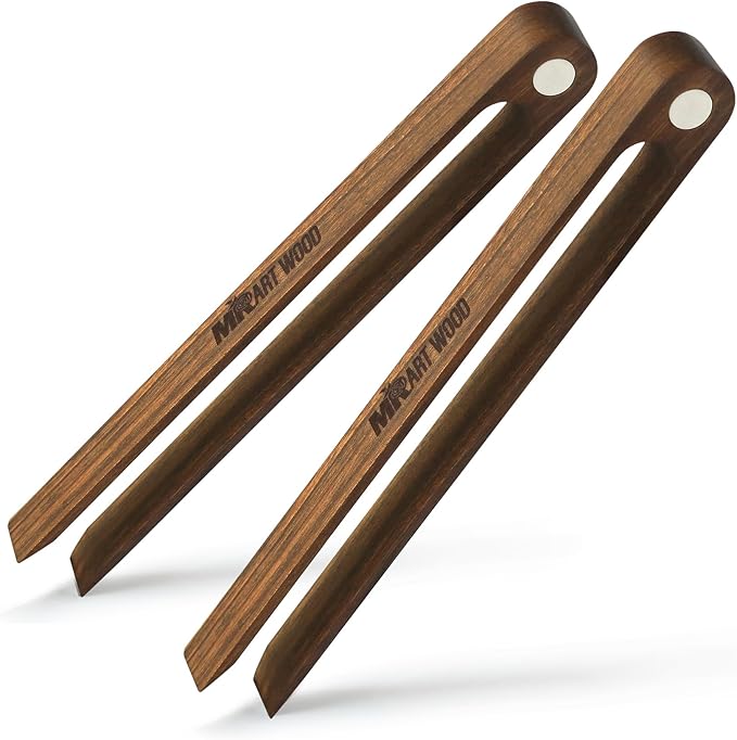 Magnetic Walnut Wood Toaster Tongs, Set of 2 – 8.7-Inch Kitchen Tongs for Toast, Bagels, Bacon, Muffins & BBQ | Non-Toxic, Glue-Free Hardwood with Magnetic Storage Holder