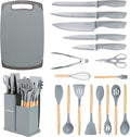19 PCS Kitchen Cooking Utensils Set, 11 Pieces Silicone Cooking Utensils Set 6 Pieces Sharp Stainless Steel Gray Knife Set with 1 Piece Cutting Board, Ideal for Apartment