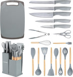 19 PCS Kitchen Cooking Utensils Set, 11 Pieces Silicone Cooking Utensils Set 6 Pieces Sharp Stainless Steel Gray Knife Set with 1 Piece Cutting Board, Ideal for Apartment