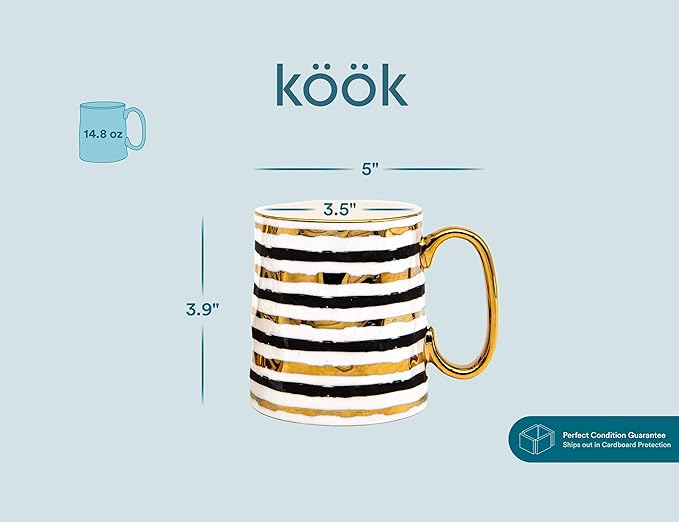 KooK Coffee Mugs, Coffee Mug Set, Black and Gold Cups, Porcelain, Tea Cups with Handles, Geometric Design with Metallic Gold Accents, 14.8 oz, Black and Gold, Set of 2