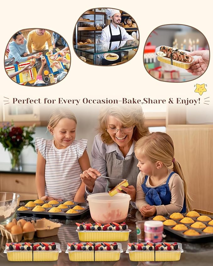 100 Pack Mini Loaf Pans with Lids, Spoons & Stickers – Disposable Aluminum Foil Baking Cake Containers for Oven, Air Fryer & Freezer – Ideal for Cakes, Bread, Pudding, Parties & Gifting, Gold