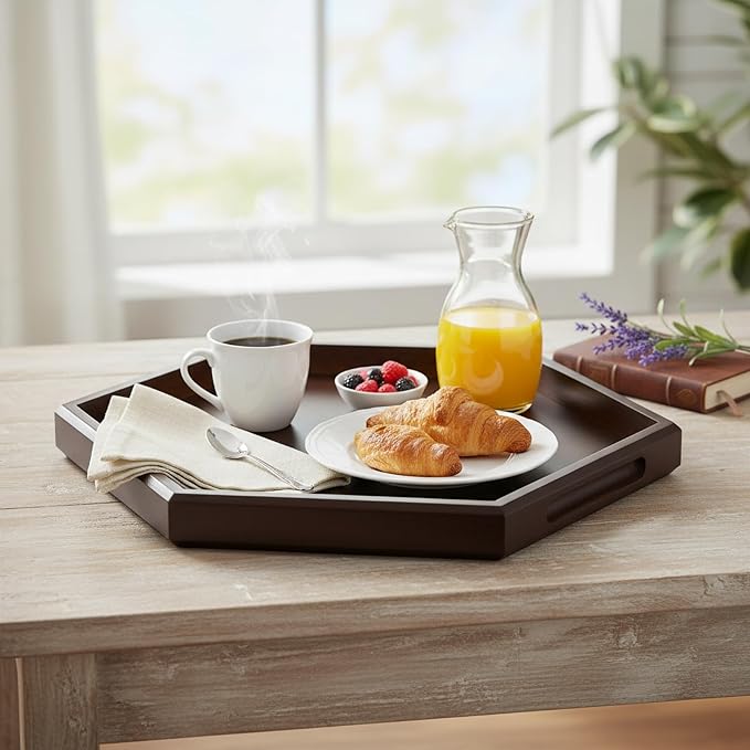 Hexagon Serving Trays & Platters, 11.8" Charcuterie Platter, Cafeteria Trays, Hexagon Wooden Ottoman Tray, Food Serving Boards Table Plates for Family Dinner Eating Parties