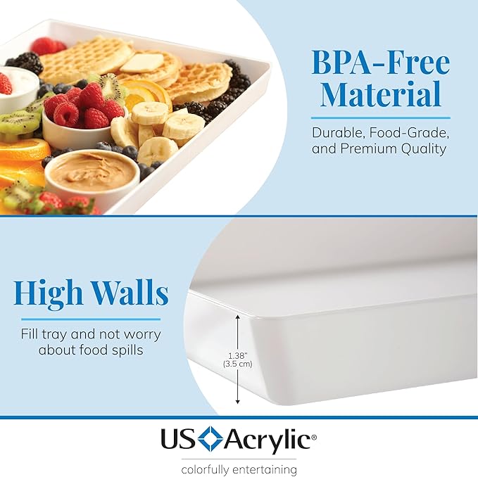 US Acrylic Avant White Plastic Serving Trays (Set of 3) 15” x 10” | Large Reusable Rectangular Party Platters | Serve Appetizers, Fruit, Veggies, & Desserts | BPA-Free & Made in USA