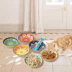 Ceramic Cat Bowls Set of 6 - Colorful/White Cute Shallow Cat Dishes - 5.75-Inch, Whisker Friendly and Wide - Microwave & Dishwasher Safe - 5.3 oz (250 ml) （Colorful 2 ）
