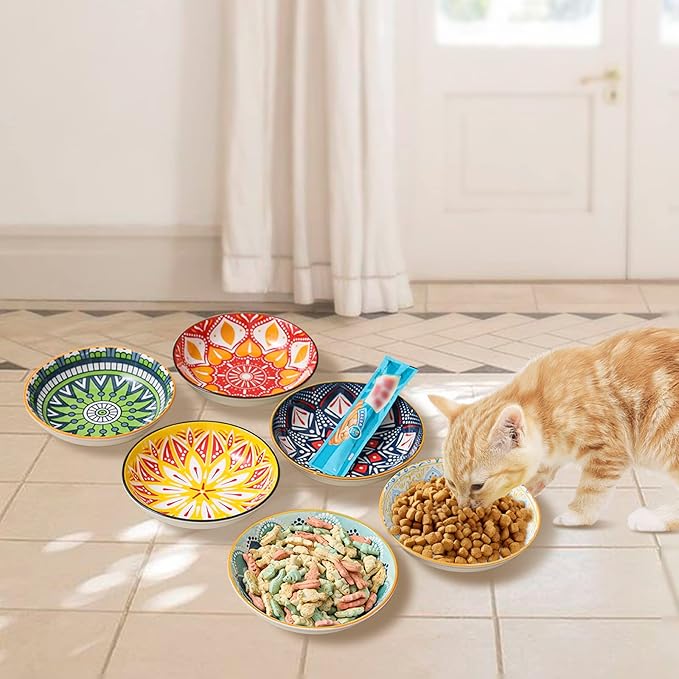 Ceramic Cat Bowls Set of 6 - Colorful/White Cute Shallow Cat Dishes - 5.75-Inch, Whisker Friendly and Wide - Microwave & Dishwasher Safe - 5.3 oz (250 ml) （Colorful 2 ）