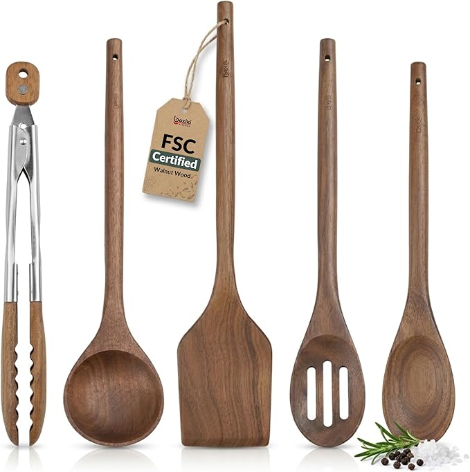 Elegant 5-Piece Walnut Wood Kitchen Utensil Set – Non-Scratch, Heat-Resistant Cooking Utensil Set with Kitchen Tongs, Spoons, Spatula & Ladle – Lightweight, Durable & Perfect for Daily Use or Gifting