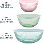 Pyrex Colors (3-Pack, Full Set) Sculpted Tinted Glass Mixing Bowls With Plastic Lids, Nesting Space Saving Set of Bowls For Prepping and Baking, 1.3QT, 2.3QT & 4.5Q, (Pink, Green, Aqua)