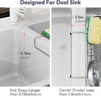 SWTYMIKI Sponge Holder for Kitchen Sink - Movable Kitchen Sink Caddy with M Shape Hook Stainless Steel Hanging Sponges Caddy Organizer in Double Bowl Sinks Depth>3.15in, Middle divider<1.5in, Silver L