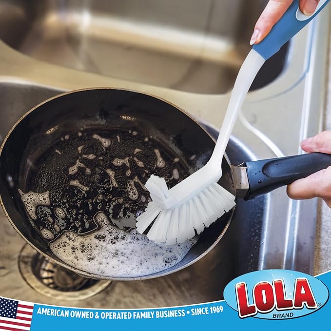 LOLA Pro Utility All Purpose Kitchen Cleaning Brush, 6 Pack, Durable Bristles, Comfort Ergonomic Rubber Non-Slip Grip, Built-in Food Scraper